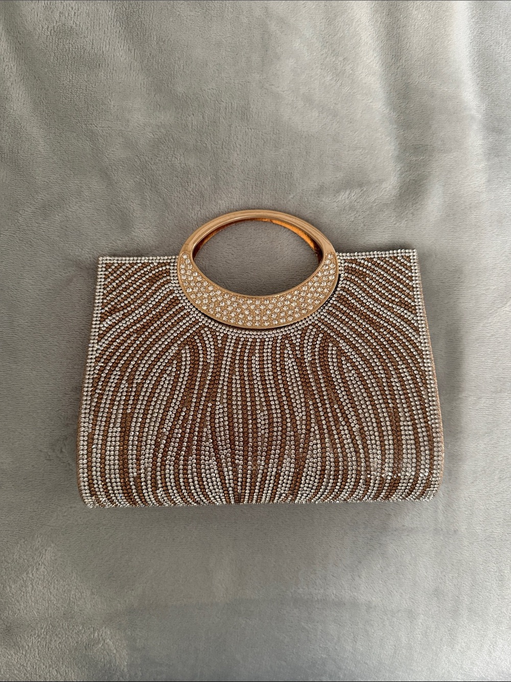 Crystal-Embellished Gold Handle Evening Bag - Brown